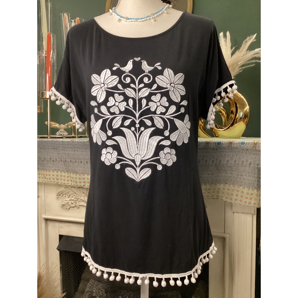 Angel + Premium Black Embroidered Pom Pom Trim Top‎ Womens Med Floral Bird Boho